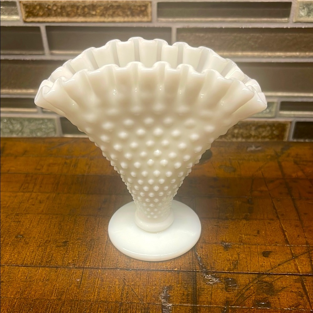 Vintage Milk Glass Hobnail Fan Vase